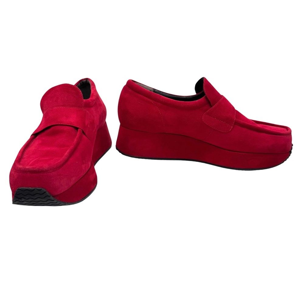 VINTAGE STÉPHANE KÉLIAN RED SUEDE MOCCASIN PLATFORM SLIP ON LOAFER
